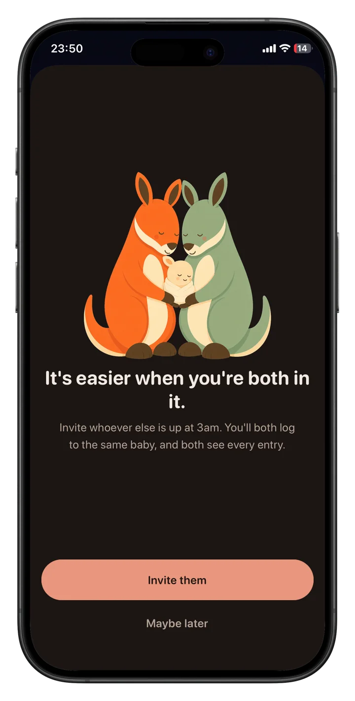Buma family-sharing invitation screen for multiple baby caregivers