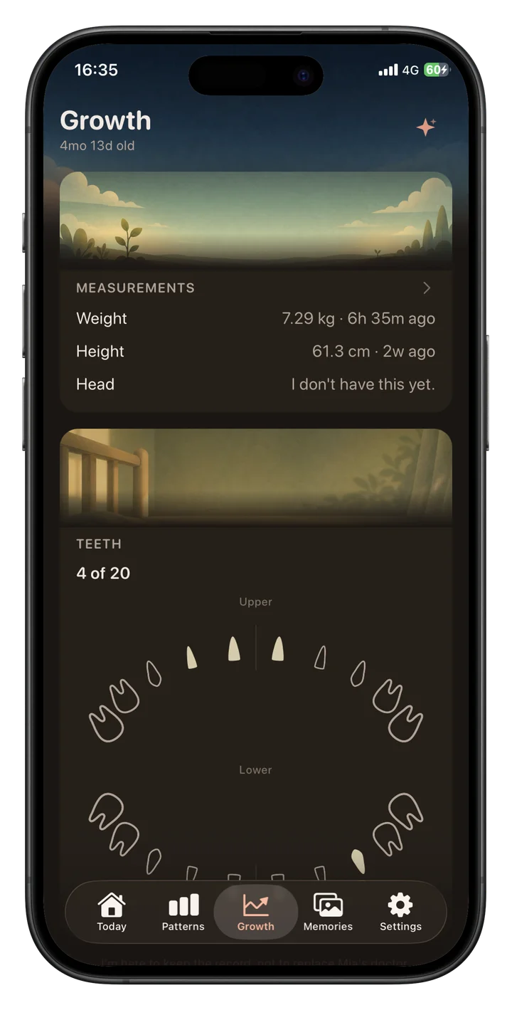 Buma Baby growth screen showing measurements and a tooth record