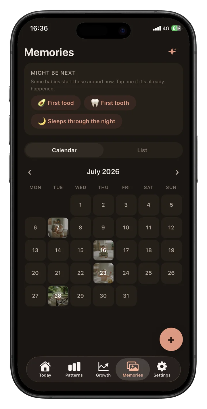 Buma Baby Memories screen with a calendar of family photos and suggested milestones