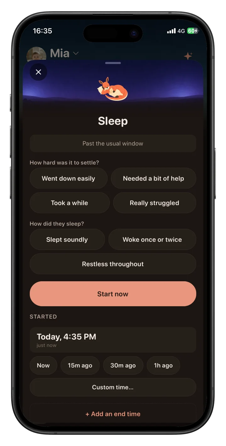 Buma Baby sleep logging screen with settling and sleep-quality options