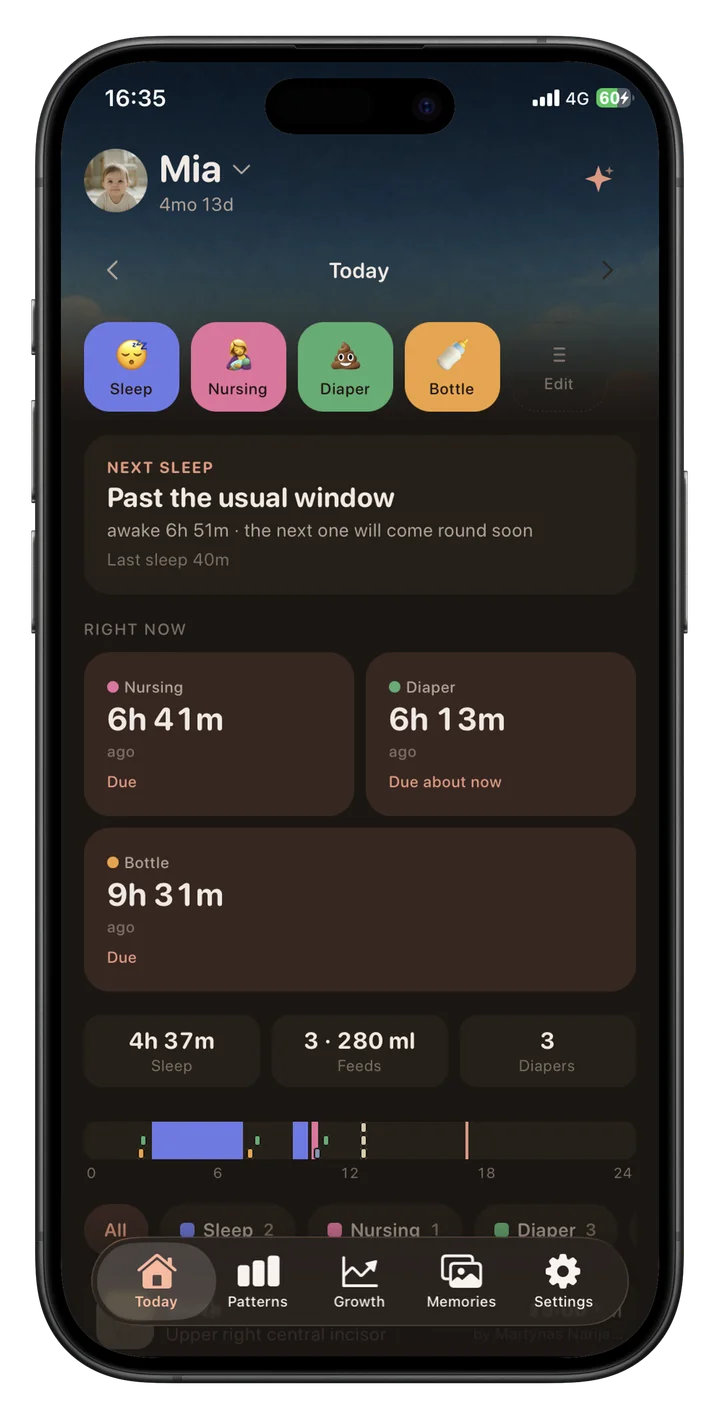 Buma Baby app Today dashboard with sleep, nursing, nappy, and bottle trackers
